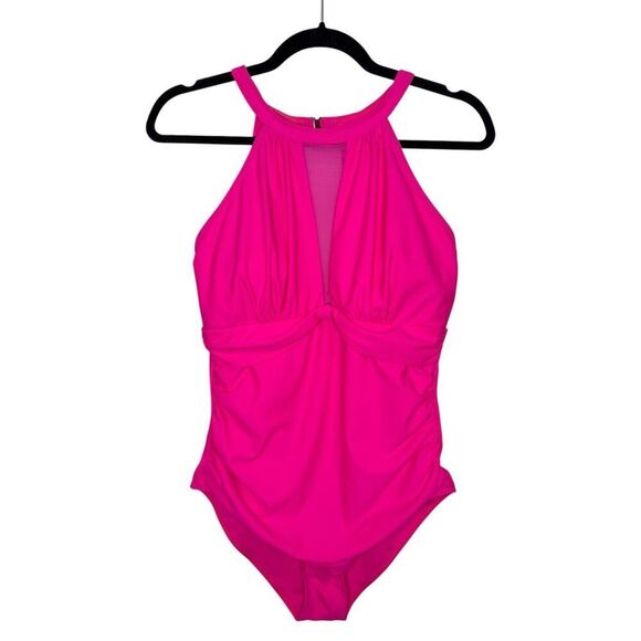 Women’s Medium One Piece Swimsuit Fuchsia Pink High Neck Mesh NEW - Picture 3 of 8